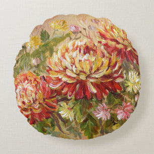 Almofada Redonda Chrysanthemum Meadow: Pintura À Mão Acrílica.