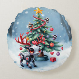 Almofada Redonda Ciberpunk Reindeer bonito com Árvore de Natal
