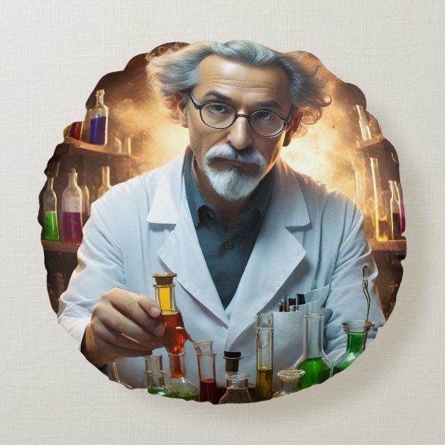 Almofada Redonda Cientista Num Laboratório Misturando Poções, (Frente)