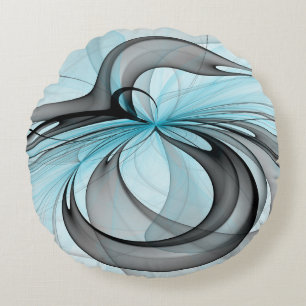Almofada Redonda Cinza Antracite Arte Fractal Azul Moderna