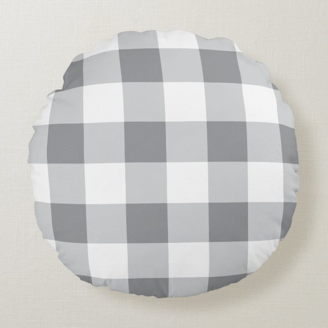 Almofada Redonda Cinza E Padrão De Gingham Branco (Frente)