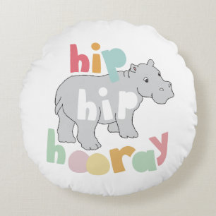 Almofada Redonda Cinza Hip Hip Hooray Desenho Hippo