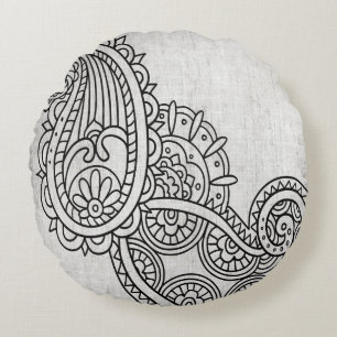Almofada Redonda Cinza Mehndi Motif Round Travesseiro