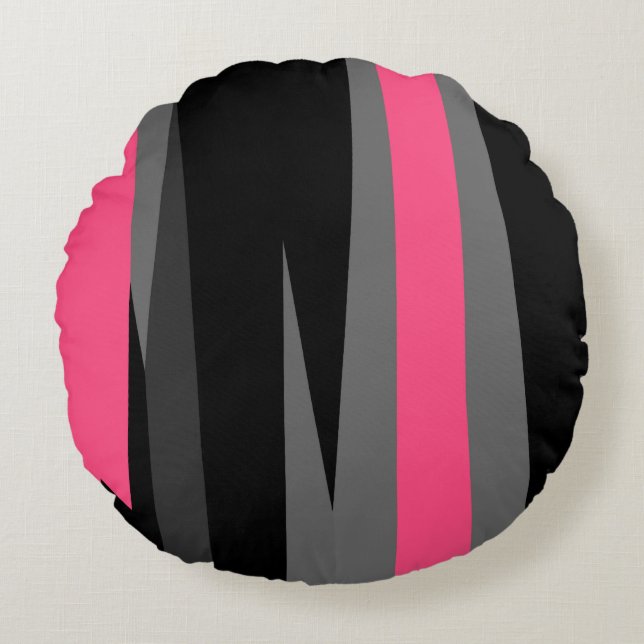 Almofada Redonda cinza rosa e abstrato preto (Frente)