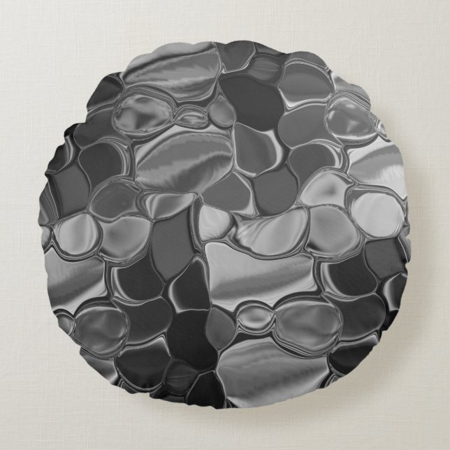 Almofada Redonda Cinzas claras e formas arredondadas escuras. (Frente)