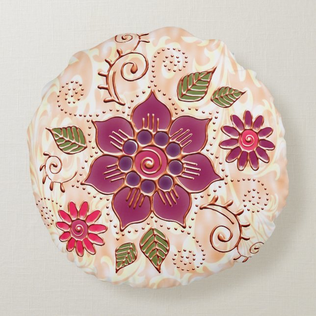Almofada Redonda Círculo De Filigrana Com Flores (Verso)