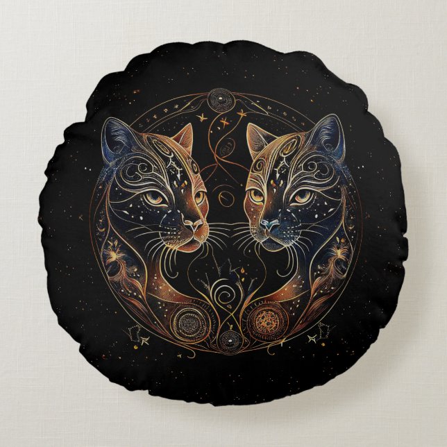Almofada Redonda Círculo Felino Artístico Gatos Gêmeos (Frente)