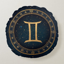 Almofada Redonda Círculo Zodiacal Gêmeos Dourados Com Noite Estrela