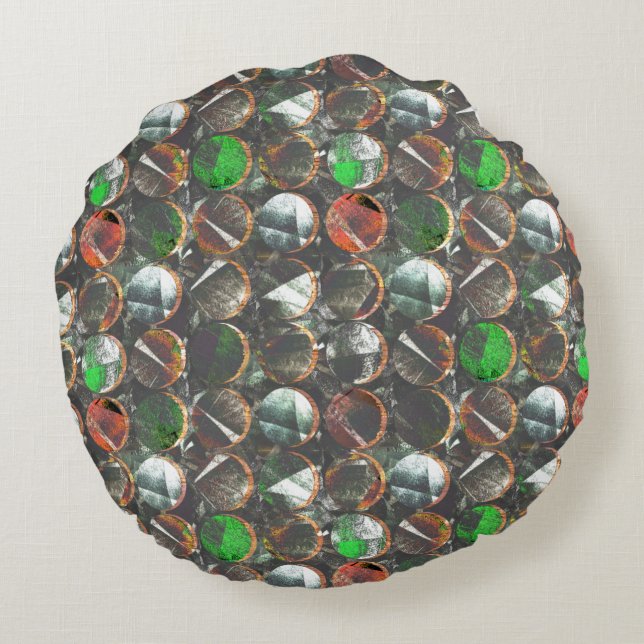 Almofada Redonda Círculos coloridos de textura escura (Verso)