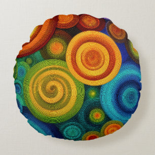 Almofada Redonda Círculos concêntricos abstratos em multicolor vibr