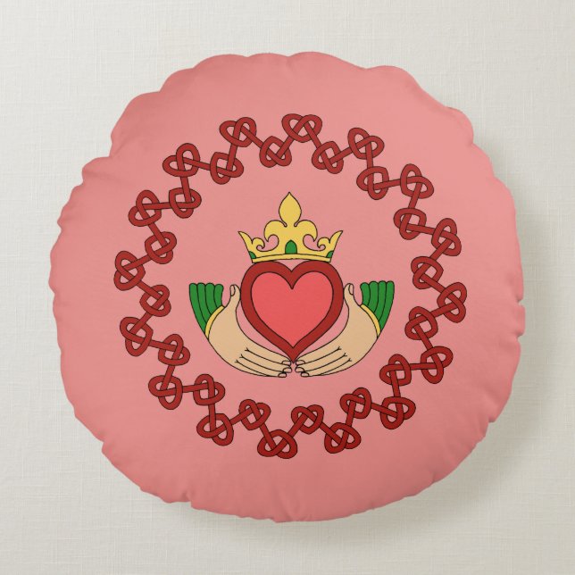 Almofada Redonda Claddagh e Red Knotwork a rosa (Frente)