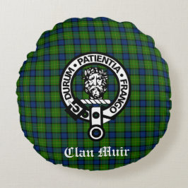 Almofada Redonda Clan Muir ou Mais Crachá de Crest e Tartan