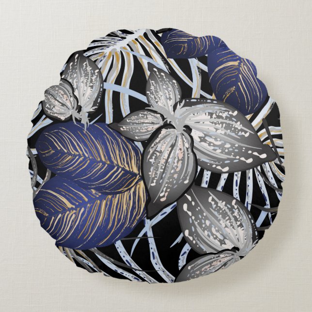 Almofada Redonda Classe Tropical é azul, prateada e Dourada (Frente)