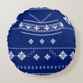 Almofada Redonda Classic Cobalt Blue & White Nordic Snowflake Knitt