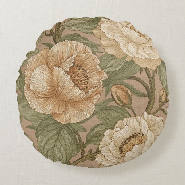 Almofada Redonda Classic,Lovely Flowers Pattern, Sage Gold Bloom (Frente)