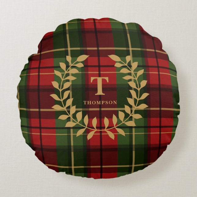 Almofada Redonda Classic Red Christmas Plaid With Monogram Wreath (Frente)