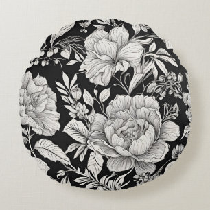 Almofada Redonda Clássico Floral Vintage Preto e Branco