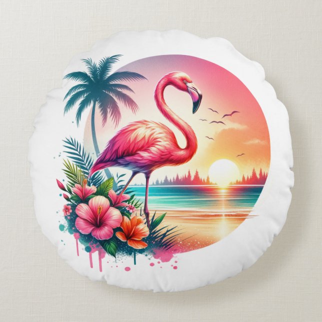 Almofada Redonda Clipe do Sunset Flamingo Rosa (Frente)