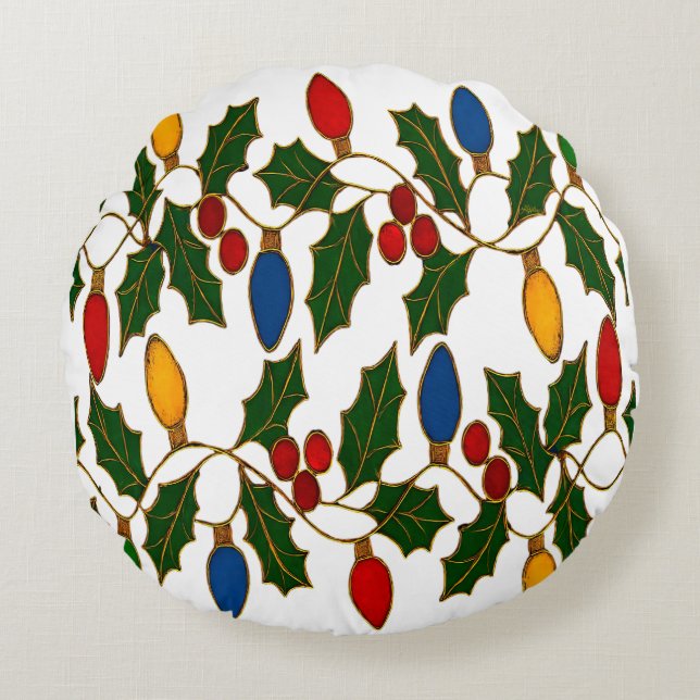 Almofada Redonda Cloisonne Art Christmas Lights and Holly (Frente)