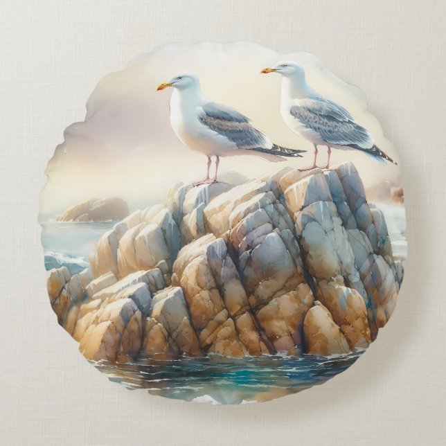 Almofada Redonda Coastal Seagulls Watercolor Seascape (Frente)