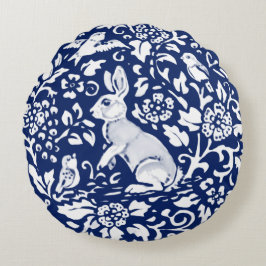 Almofada Redonda Cobalto Blue Rabbit Bird Floral Chinoiserie Dedham