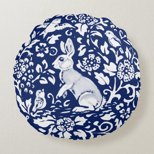 Almofada Redonda Cobalto Blue Rabbit Bird Floral Chinoiserie Dedham (Frente)
