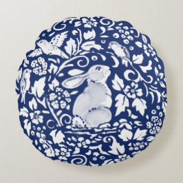 Almofada Redonda Cobalto Blue Rabbit Bird Floral Chinoiserie Dedham
