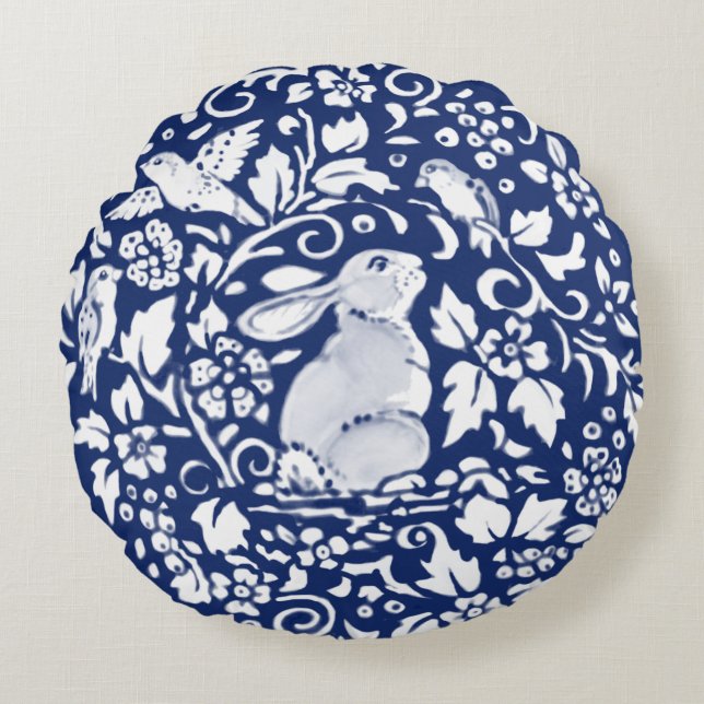Almofada Redonda Cobalto Blue Rabbit Bird Floral Chinoiserie Dedham (Frente)