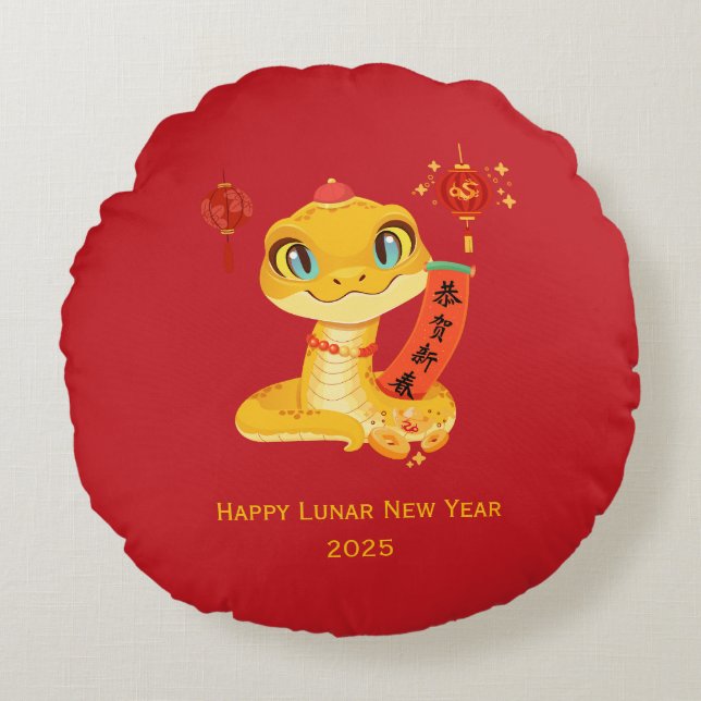 Almofada Redonda Cobra de desenho animado bonitinho abençoando boa  (Frente)