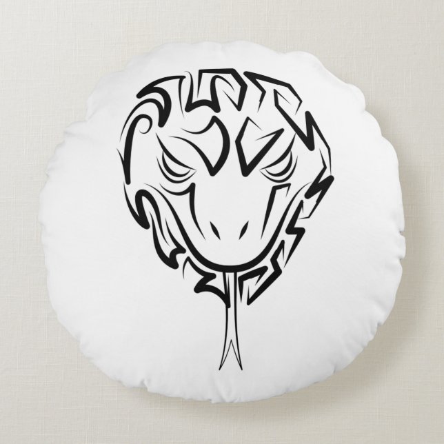 Almofada Redonda Cobra de Tribal Negro e Branco (Frente)