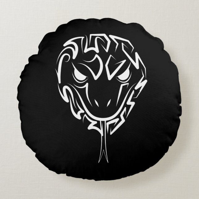 Almofada Redonda Cobra de Tribal Negro e Branco (Frente)