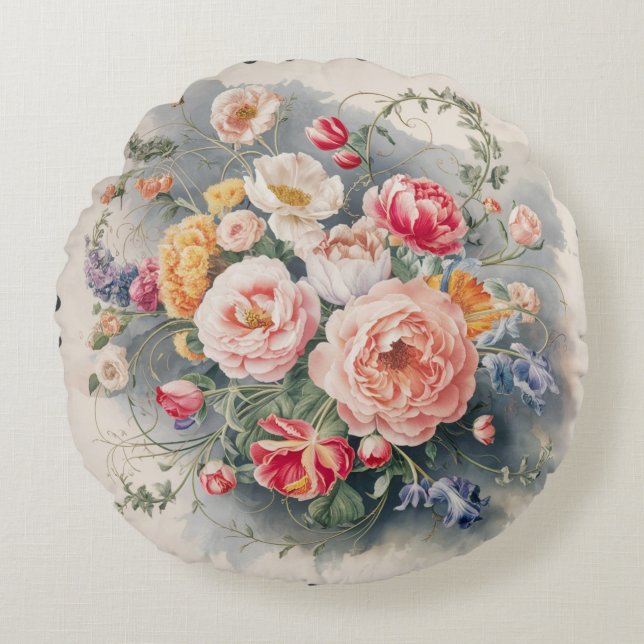 Almofada Redonda Cobrir de Elegância Floral Belga (Frente)