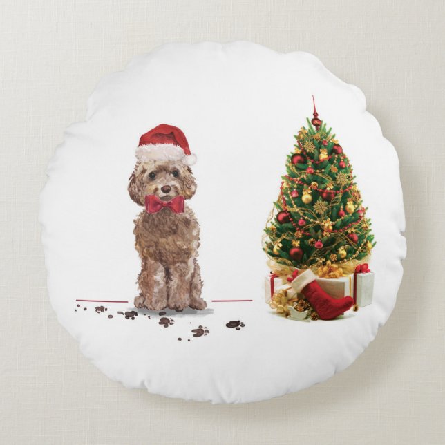 Almofada Redonda Cockapoo Castanho Engraçado Cachorro de Natal e Ár (Frente)