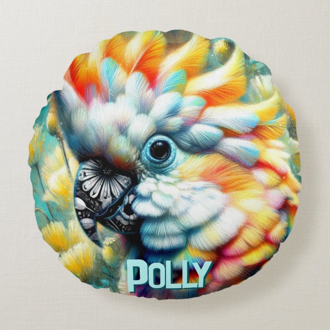 Almofada Redonda Cockatoo Bird Yellow Poppies Personalized (Frente)