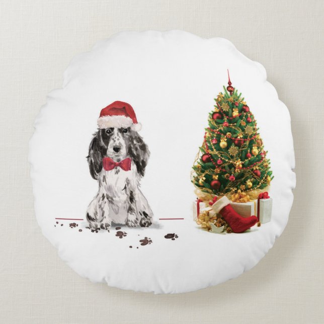 Almofada Redonda Cocker Spaniel Engraçado Cachorro de Natal com Árv (Frente)