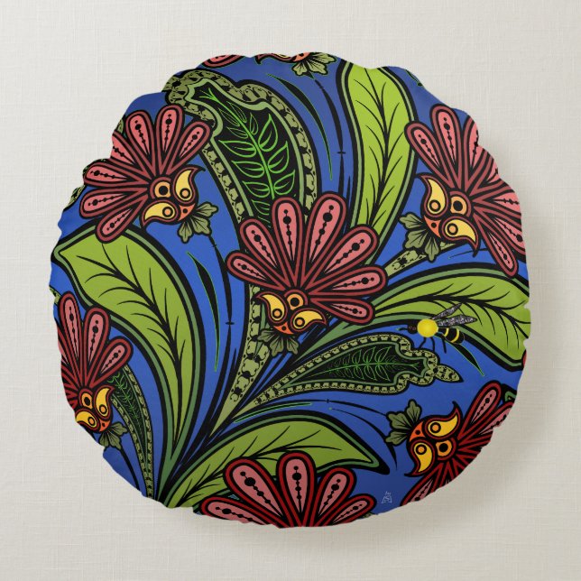 Almofada Redonda Cockscomb e BumbleBee Vibrant Blue, Verde, Rosa (Frente)