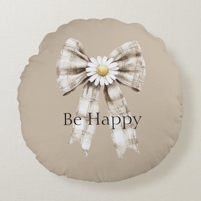 Almofada Redonda Cocoa Cream White Bow Daisy Flower Happy (Frente)