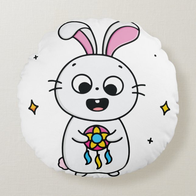 Almofada Redonda Coelhinho Bonito e Engraçado (Frente)