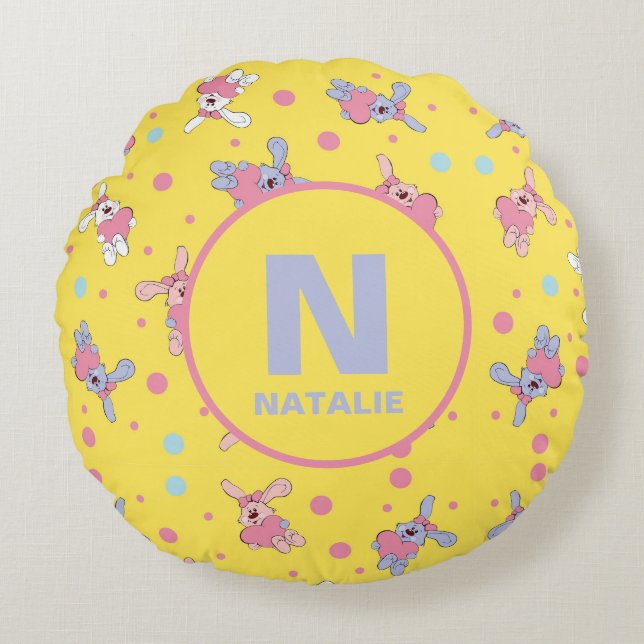 Almofada Redonda Coelhinhos rosados e roxos infantis em Monograma A (Frente)