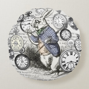 Almofada Redonda Coelho Branco Alice Relógios Arte Mundo das Maravi
