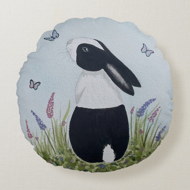 Almofada Redonda Coelho coelho holandês de cor aquática (Frente)