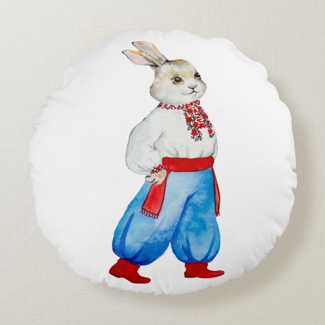 Almofada Redonda Coelho estilizado com fantasia folclórica ucranian (Frente)