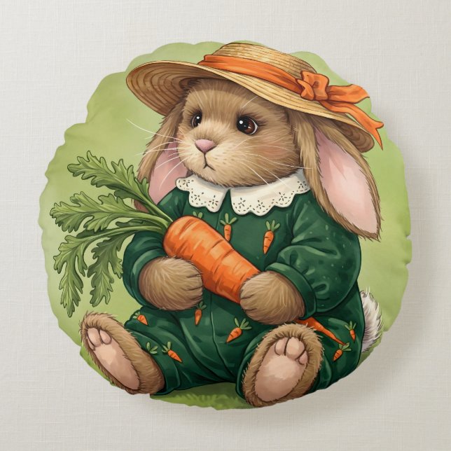 Almofada Redonda Coelho num macacão verde com carrot (Frente)