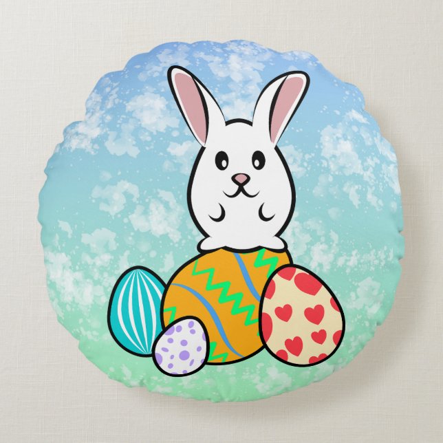 Almofada Redonda Coelho páscoa em Ovos de Páscoa (Frente)