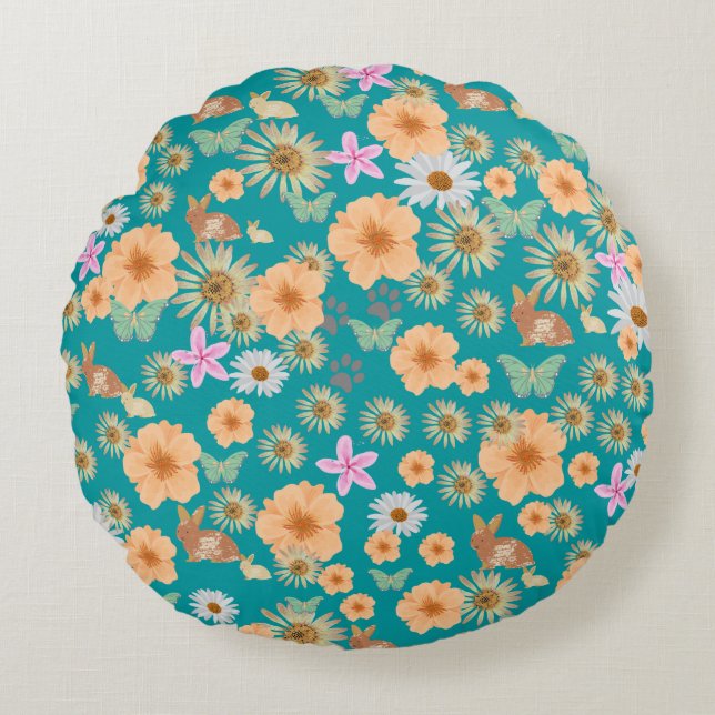 Almofada Redonda Coelhos florais com padrão azul adorável (Frente)