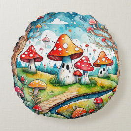 Almofada Redonda Cogumelos brancos folhas design