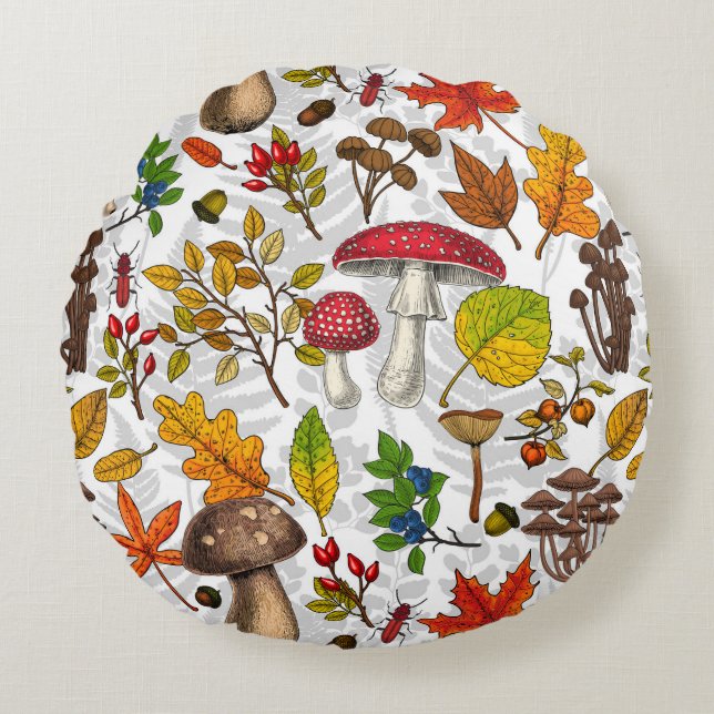 Almofada Redonda Cogumelos, folhas, loucos e bagas de outono (Frente)