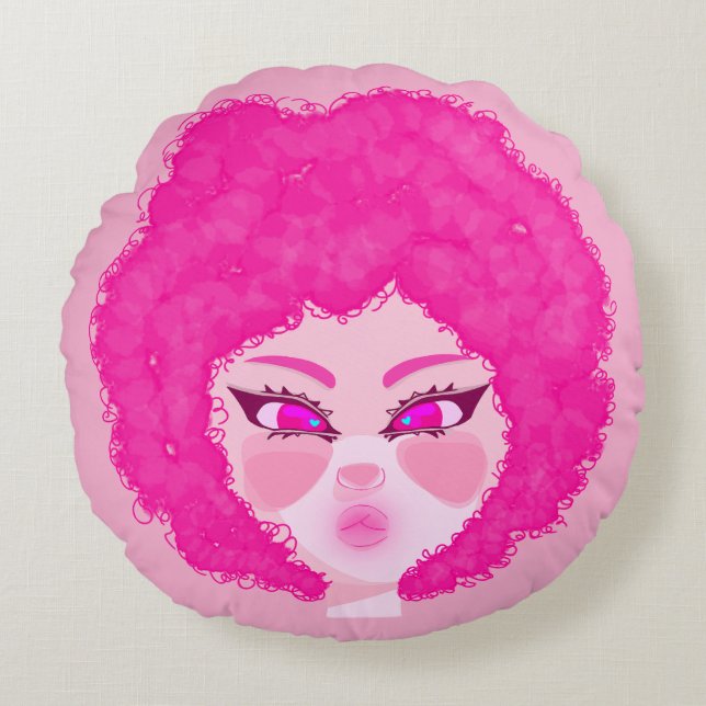 Almofada Redonda Cojín de chica con cabello crespo rosa (Frente)