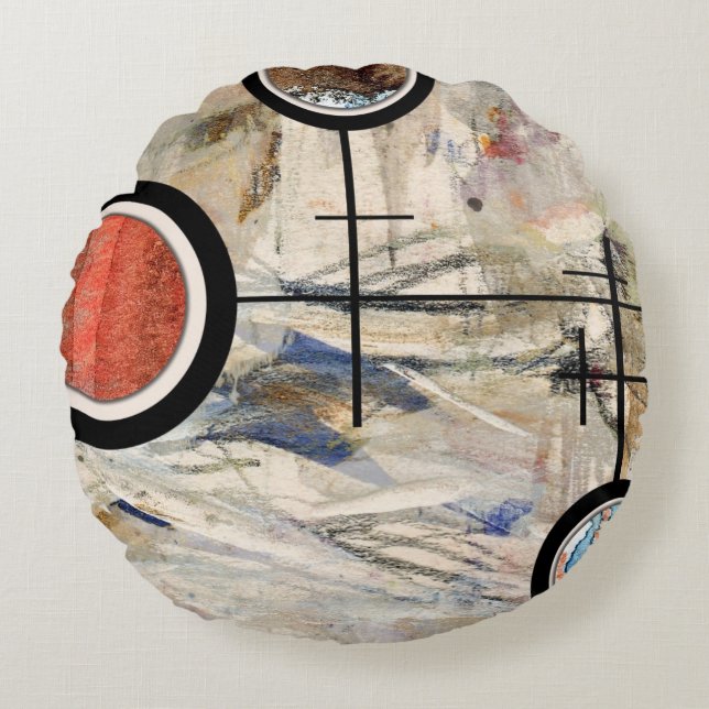 Almofada Redonda colagem da arte abstracta, meios mistos e aguarela (Frente)