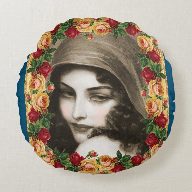 Almofada Redonda Colagem da safra Retro com rendas e flores (Frente)